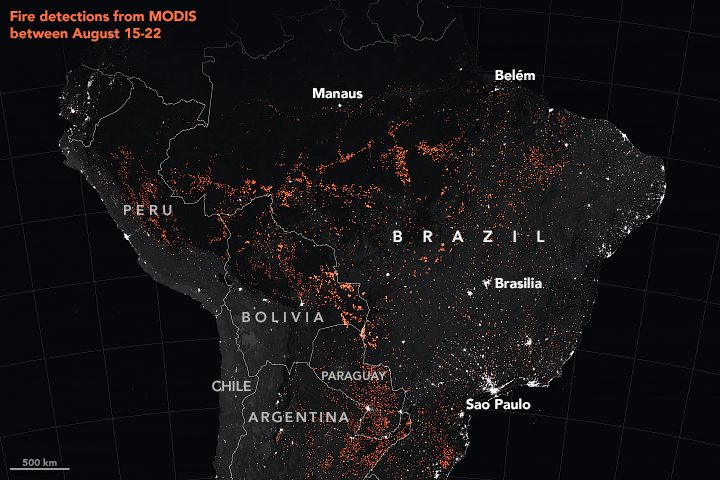 Arsip deteksi api MODIS 15–22 Agustus 2019. NASA Earth Observatory/Joshua Stevens. Domain publik. Bukan data sebaran Oktober 2026.